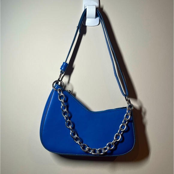 Blue Asymmetrical Baguette Bag with Silver Chain - Picture 1 of 7